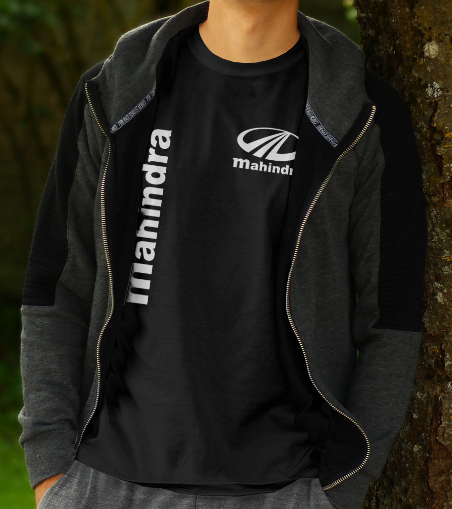 Mahindra Vertical Text With Iconic Logo Bold T-Shirt