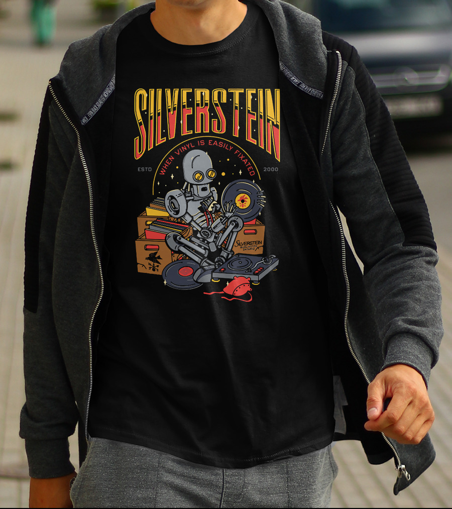 SILVERSTEIN WHEN VINYL IS EASILY FIXATED ESTD 2000 ROBOT WITH RECORDS T-Shirt