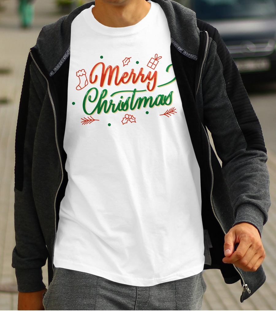 Merry Christmas Stocking Holly Leaves And Gift Icons T-Shirt