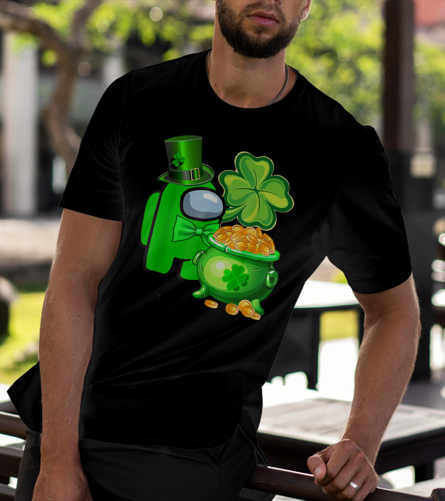 Among Us Green Character With Shamrock Hat And Pot Of Gold St Patrick's Day T-Shirt