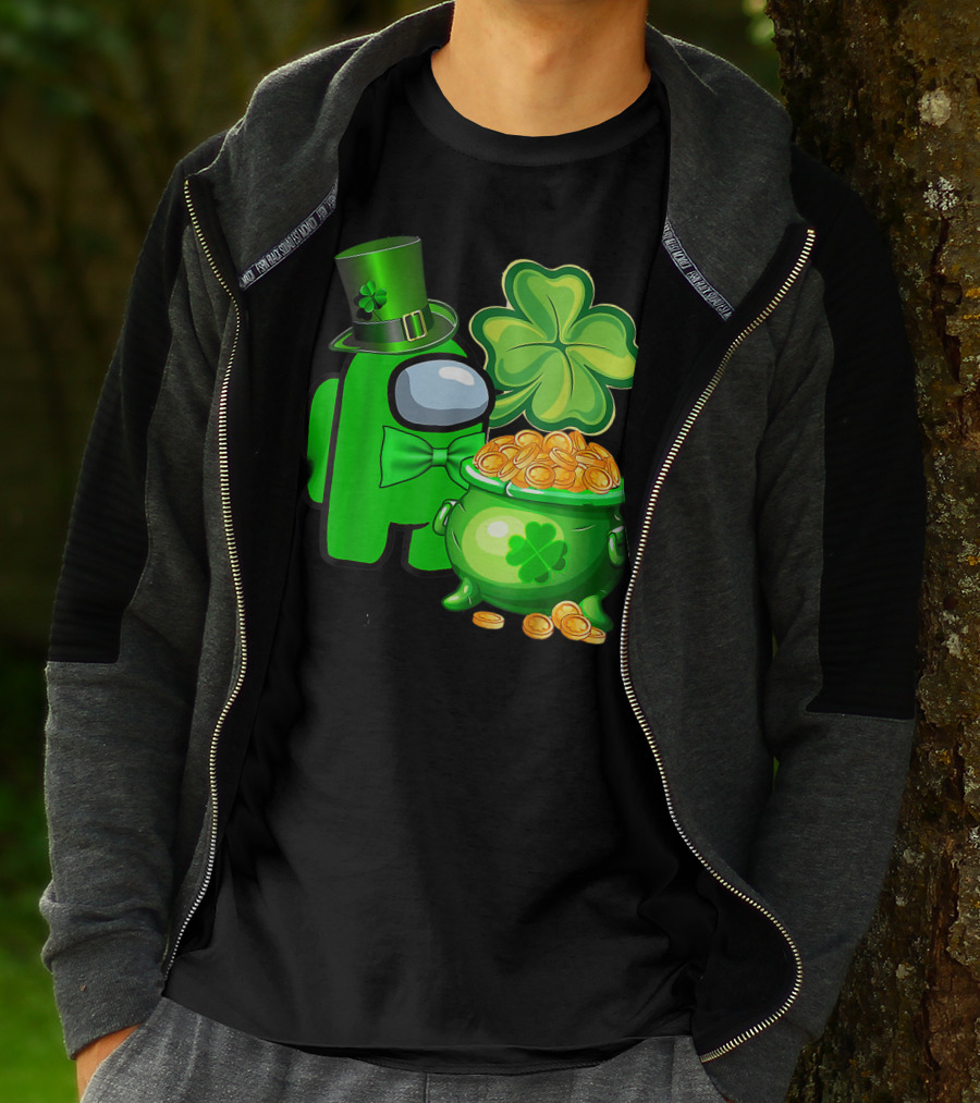 Among Us Green Character With Shamrock Hat And Pot Of Gold St Patrick's Day T-Shirt
