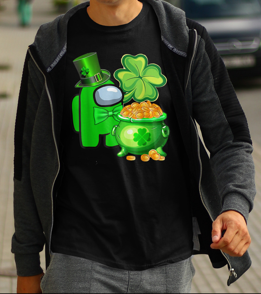 Among Us Green Character With Shamrock Hat And Pot Of Gold St Patrick's Day T-Shirt
