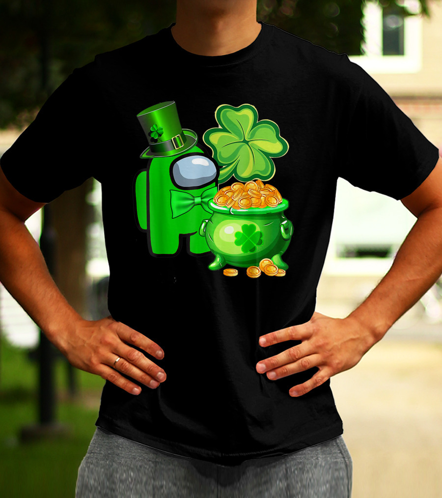 Among Us Green Character With Shamrock Hat And Pot Of Gold St Patrick's Day T-Shirt