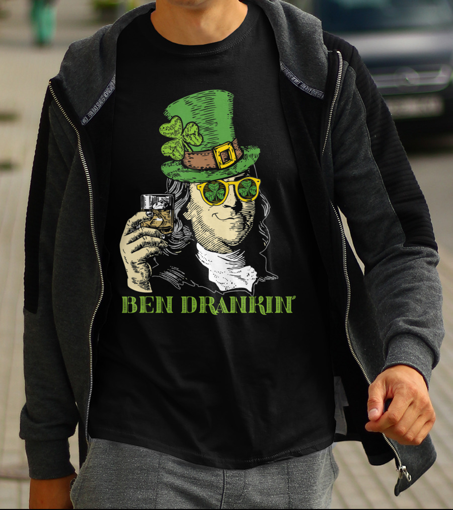 Ben Drankin Green Shamrock Hat Sunglasses Whiskey Glass T-Shirt