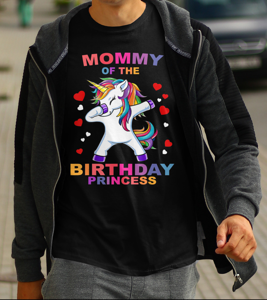Mommy Of The Birthday Princess Unicorn Girl Dabbing With Hearts T-Shirt