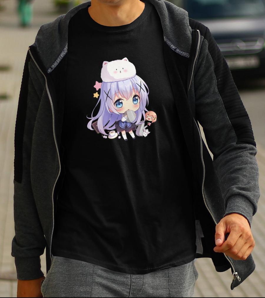 Hitsu Chibi Style Japanese Anime Character With Cat Hat And Stars T-Shirt