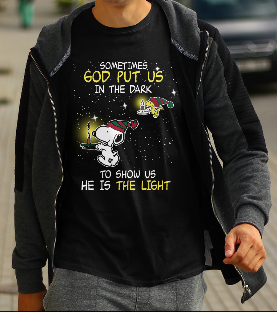 Sometimes God Put Us In The Dark He Is The Light Snoopy And Woodstock Candles T-Shirt