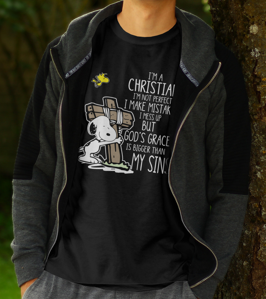 I'm A Christian God's Grace Bigger Than My Sins Snoopy Hugging Cross T-Shirt