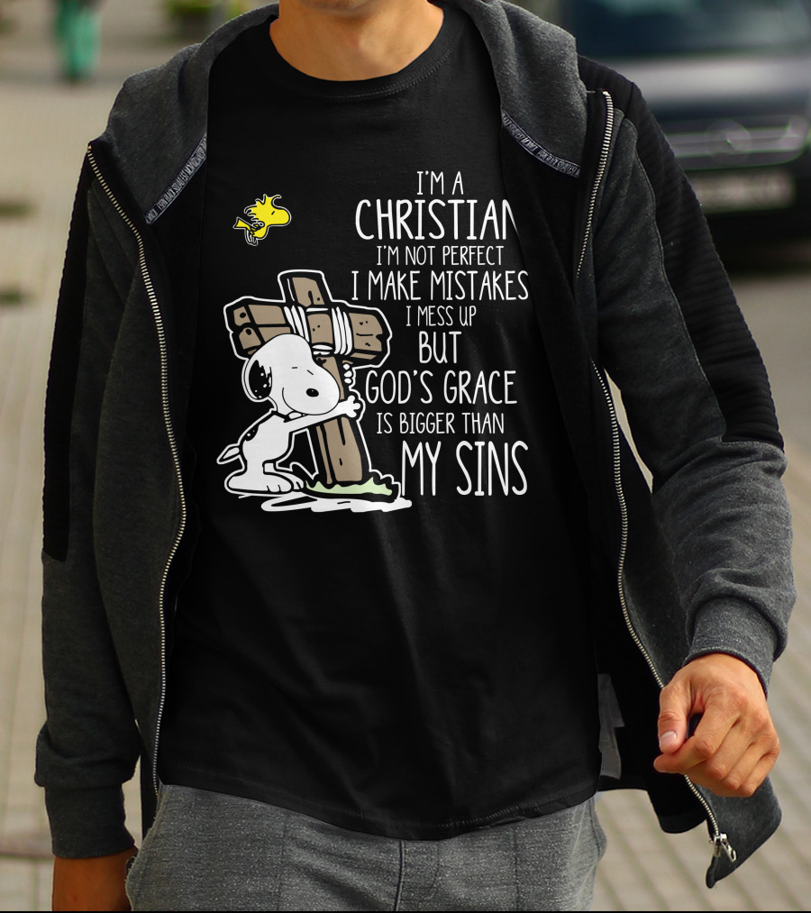 I'm A Christian God's Grace Bigger Than My Sins Snoopy Hugging Cross T-Shirt