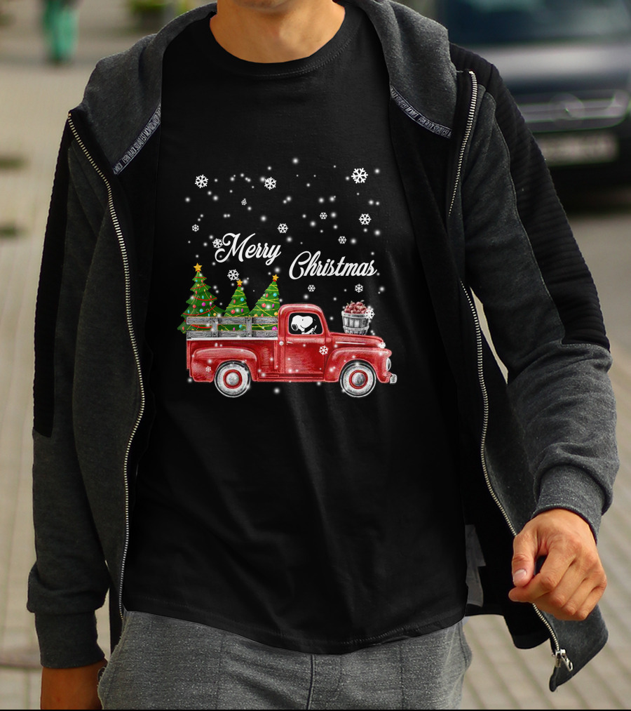 Merry Christmas Red Truck With Christmas Trees And Snowflakes T-Shirt