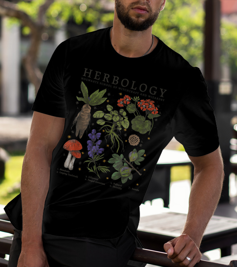 Herbology Hogwarts School Of Witchcraft And Wizardry Mandrake Gillyweed Puffapod Aconite Leaping Toadstools Stinksap Strangler Fig T-Shirt