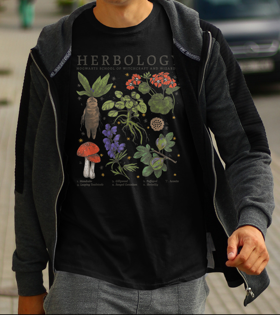 Herbology Hogwarts School Of Witchcraft And Wizardry Mandrake Gillyweed Puffapod Aconite Leaping Toadstools Stinksap Strangler Fig T-Shirt