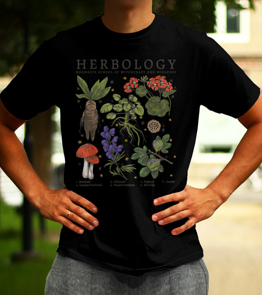 Herbology Hogwarts School Of Witchcraft And Wizardry Mandrake Gillyweed Puffapod Aconite Leaping Toadstools Stinksap Strangler Fig T-Shirt