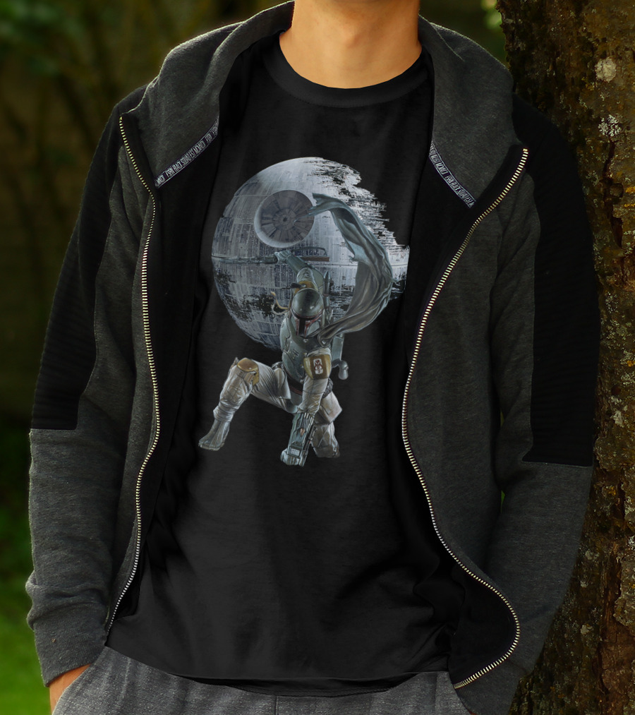 Boba Fett Striking Pose With Death Star Backdrop T-Shirt