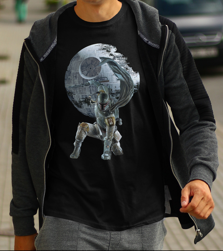 Boba Fett Striking Pose With Death Star Backdrop T-Shirt