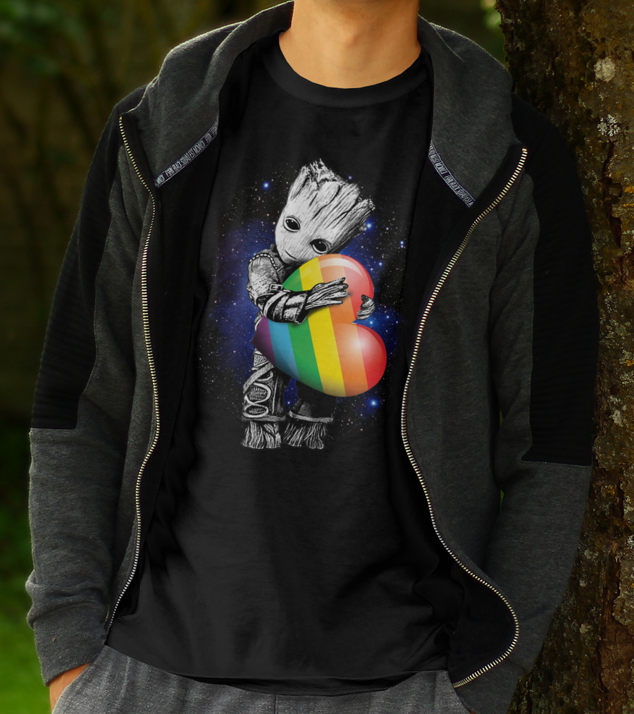 Only Today Groot Hugging Rainbow Heart In Galactic Space Theme T-Shirt