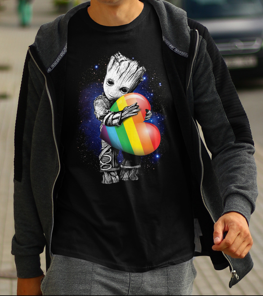 Only Today Groot Hugging Rainbow Heart In Galactic Space Theme T-Shirt