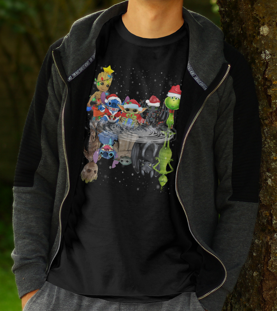 Groot Stitch Yoda Grinch Christmas Reflection T-Shirt