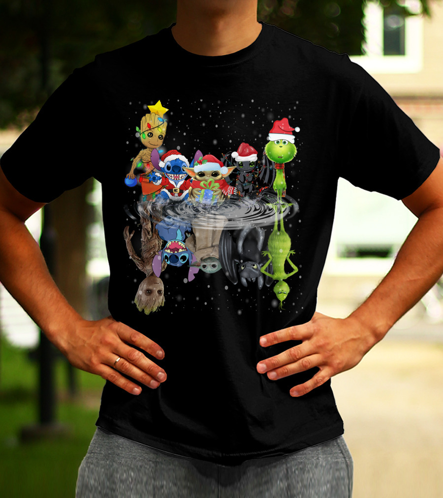 Groot Stitch Yoda Grinch Christmas Reflection T-Shirt
