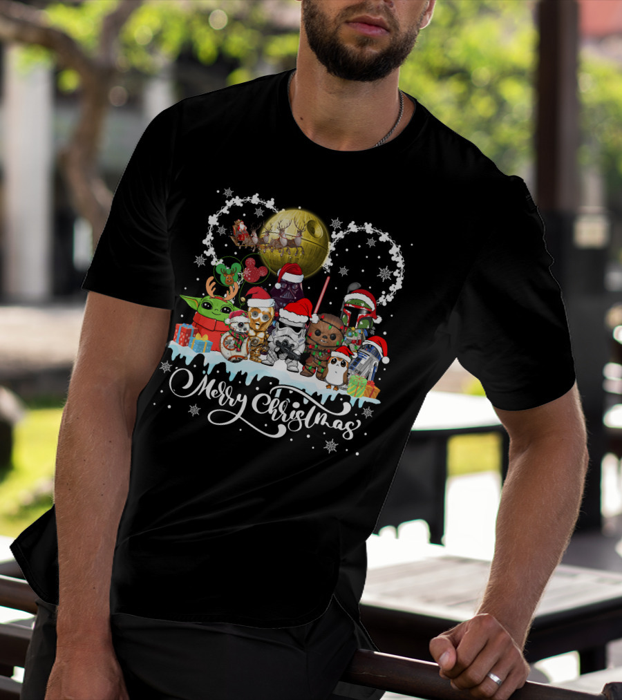 Merry Christmas Star Warss Characters Santa Hats Snowflakes T-Shirt