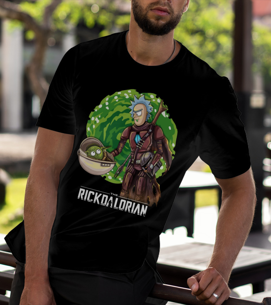 The Rickdalorian With Green Portal Background And Baby Alien Character T-Shirt