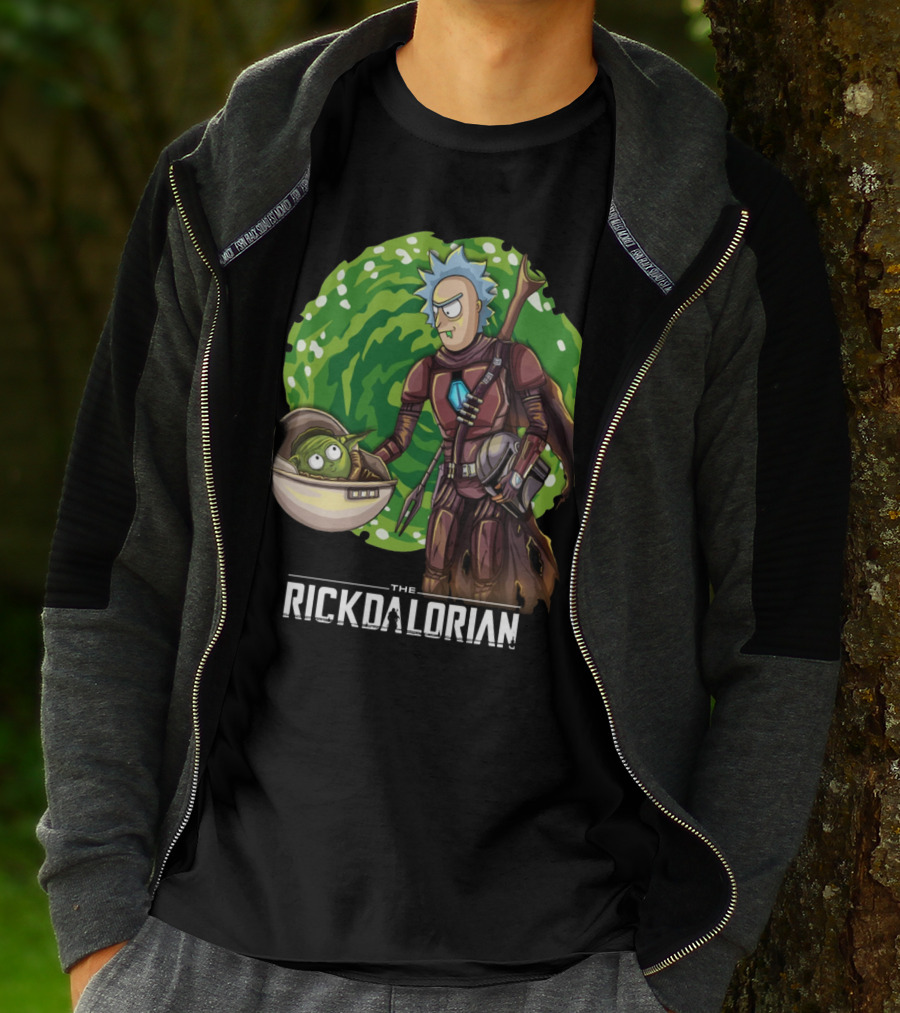 The Rickdalorian With Green Portal Background And Baby Alien Character T-Shirt