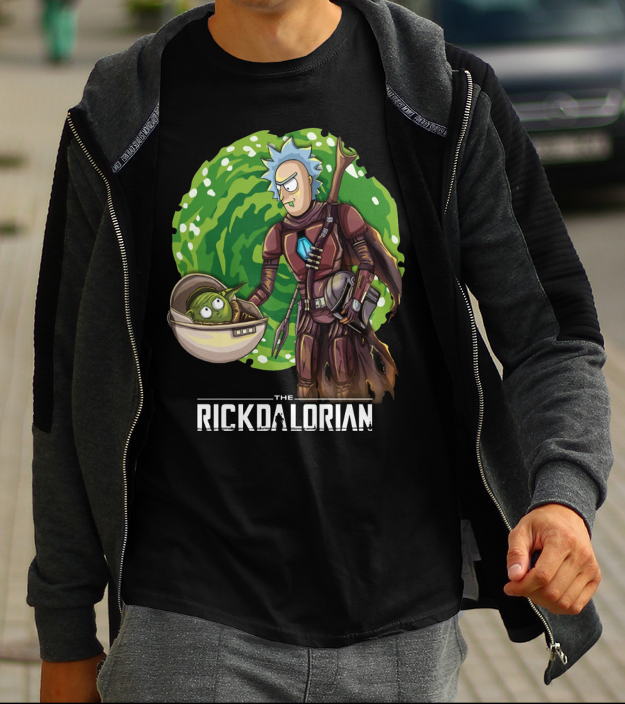 The Rickdalorian With Green Portal Background And Baby Alien Character T-Shirt