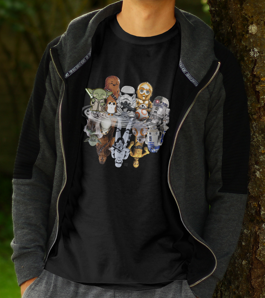 Stars War ZN234 Cute Character Reflection R2D2 Stormtrooper Yoda Chewbacca C3PO BB8 T-Shirt