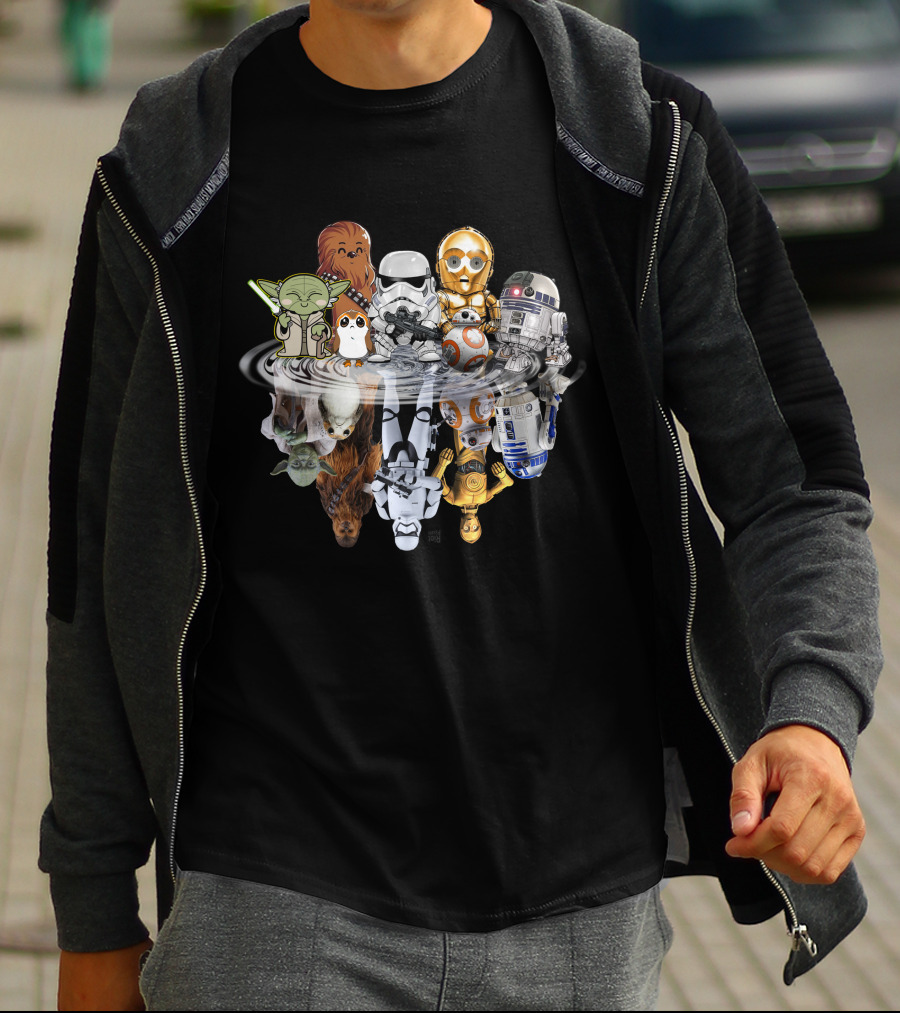 Stars War ZN234 Cute Character Reflection R2D2 Stormtrooper Yoda Chewbacca C3PO BB8 T-Shirt