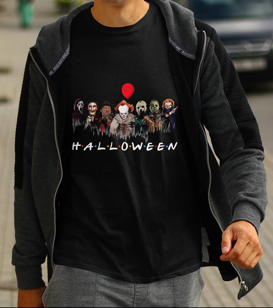 HALLOWEEN ZN699 Horror Movie Villains Group Red Balloon T-Shirt