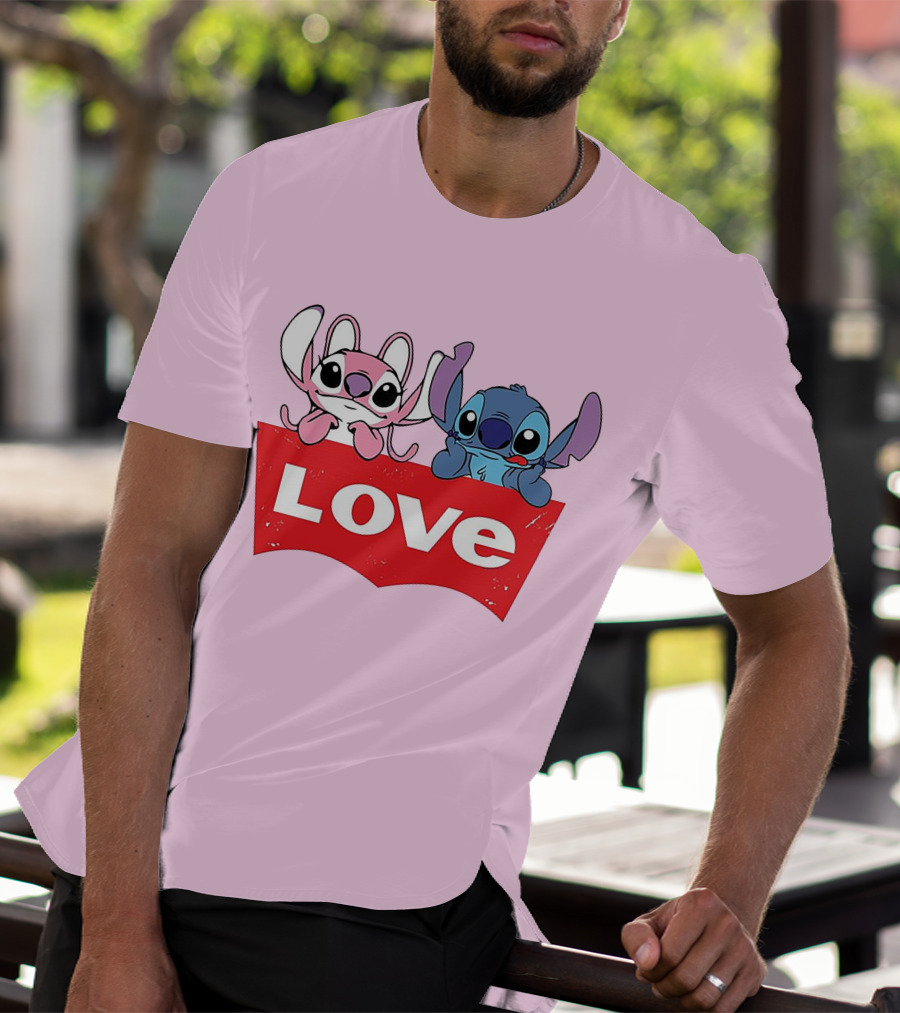 Stitch Love Pink And Blue Character Red Love Block T-Shirt