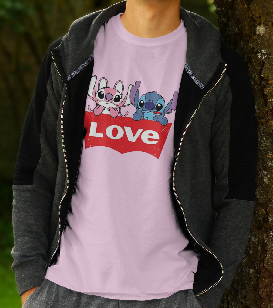 Stitch Love Pink And Blue Character Red Love Block T-Shirt