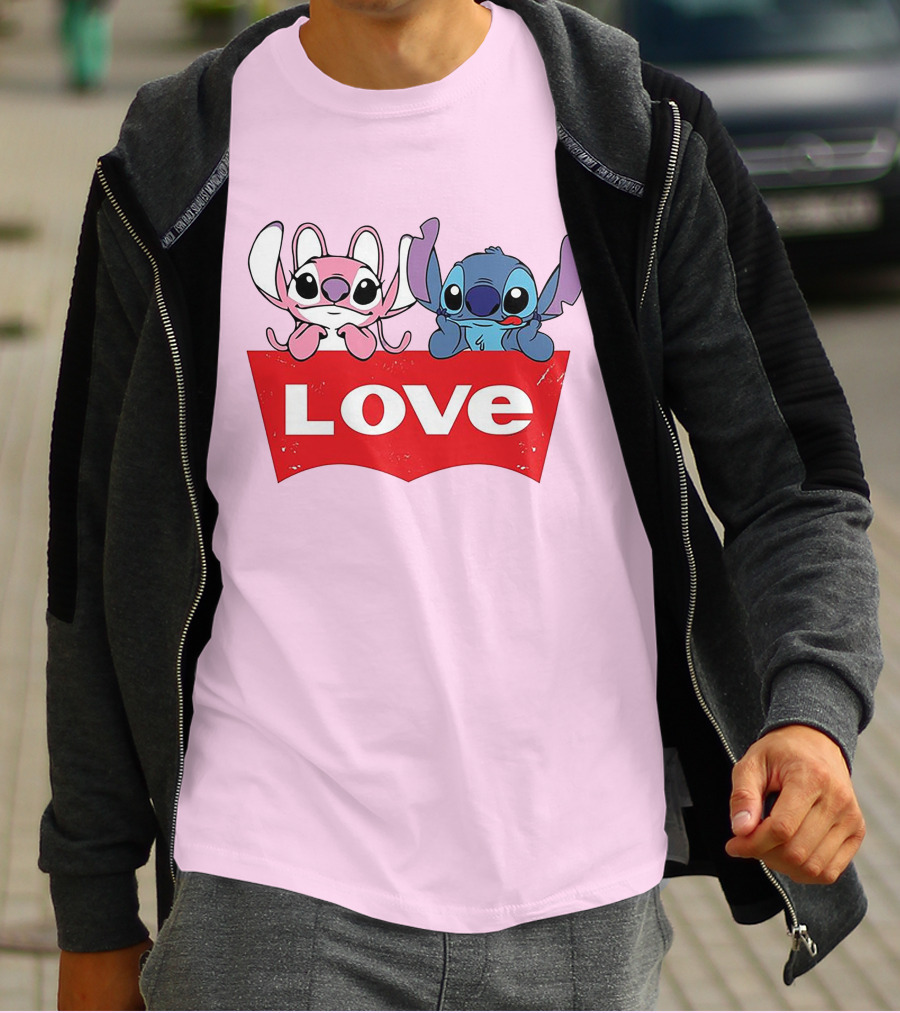 Stitch Love Pink And Blue Character Red Love Block T-Shirt