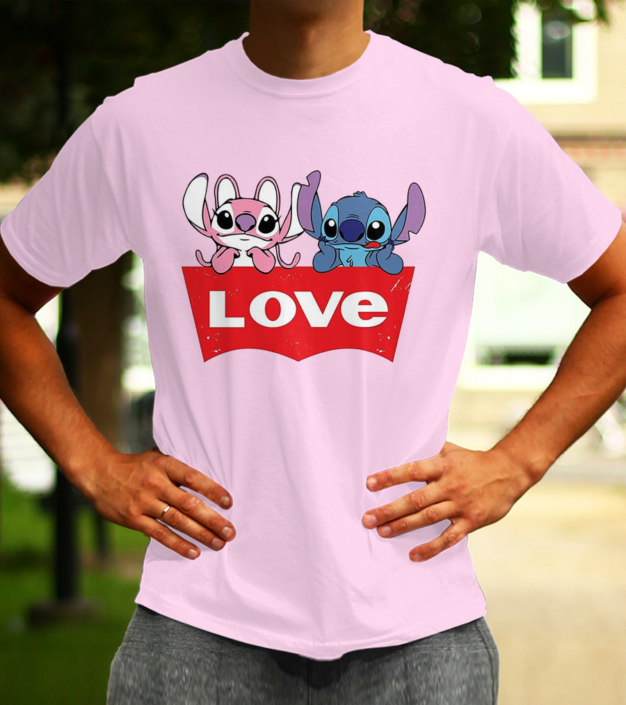 Stitch Love Pink And Blue Character Red Love Block T-Shirt