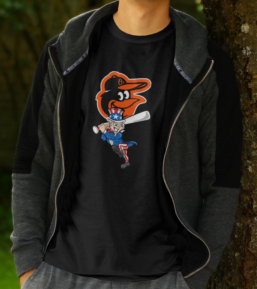Uncle Sam Swinging Baseball Bat With Baltimore Orioles Logo For 4Th Of July Celebration T-Shirt