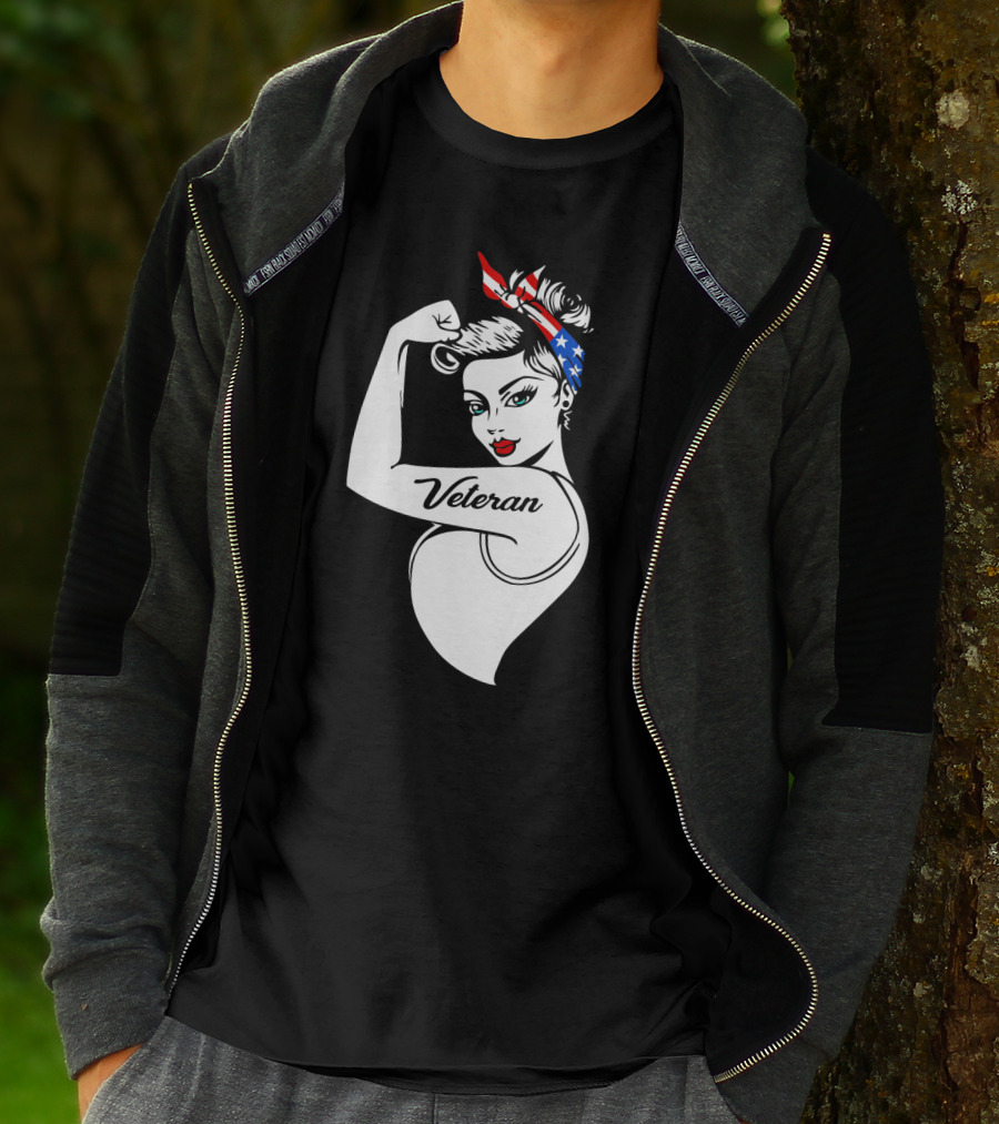 Veteran Strong Woman With Patriotic Headband Rosie The Riveter Style T-Shirt