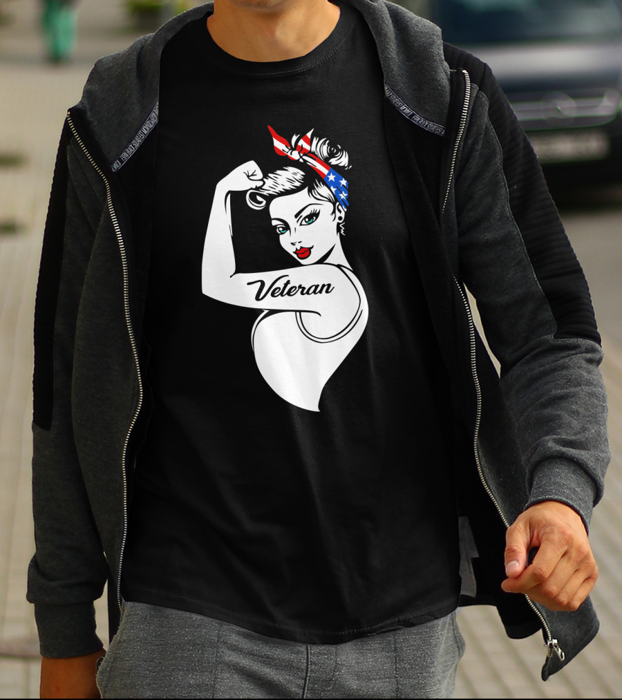 Veteran Strong Woman With Patriotic Headband Rosie The Riveter Style T-Shirt