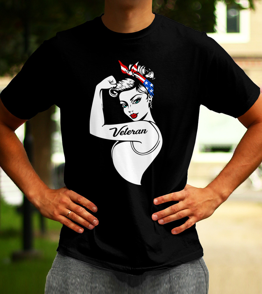 Veteran Strong Woman With Patriotic Headband Rosie The Riveter Style T-Shirt