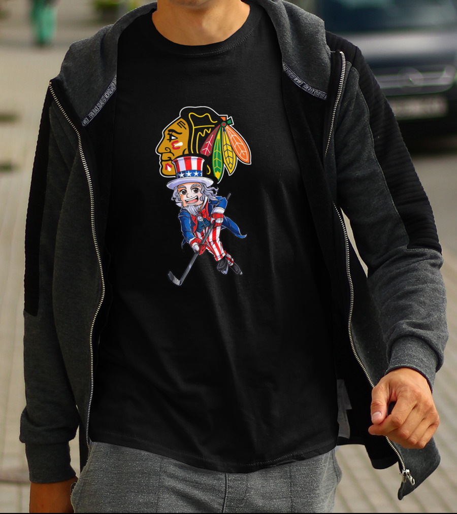 Uncle Sam Playing Hockey With Chicago Blackhawks For 4Th Of July Celebration T-Shirt