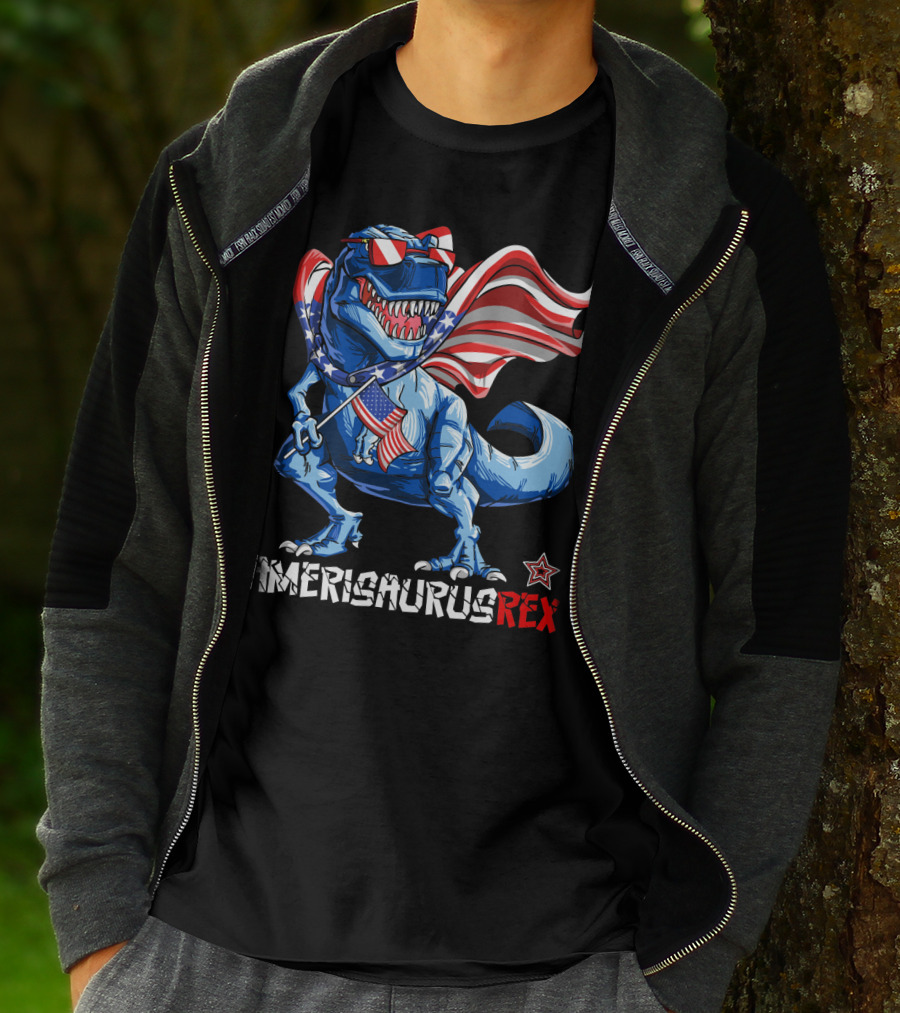 Amerisaurus Rex Dinosaur With Usa Flag And Star Sunglasses For Patriotic 4Th Of July T-Shirt