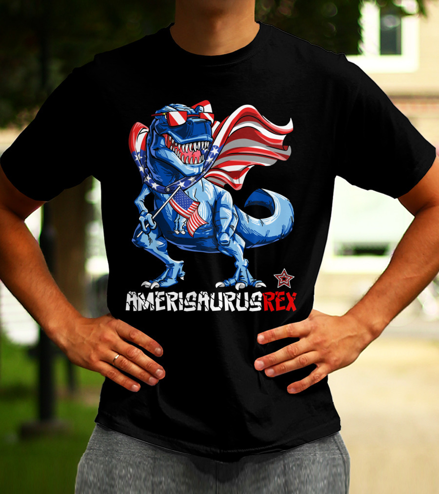 Amerisaurus Rex Dinosaur With Usa Flag And Star Sunglasses For Patriotic 4Th Of July T-Shirt