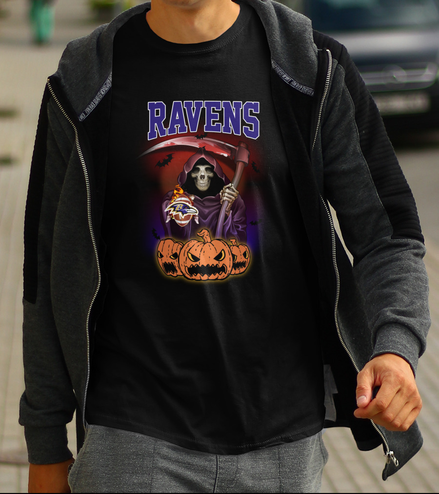Ravens Reaper With Scythe And Pumpkins Halloween Baltimore Ravens T-Shirt