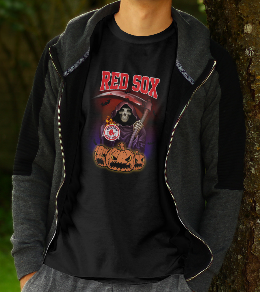 Boston Red Sox Reaper With Scythe And Halloween Pumpkins T-Shirt