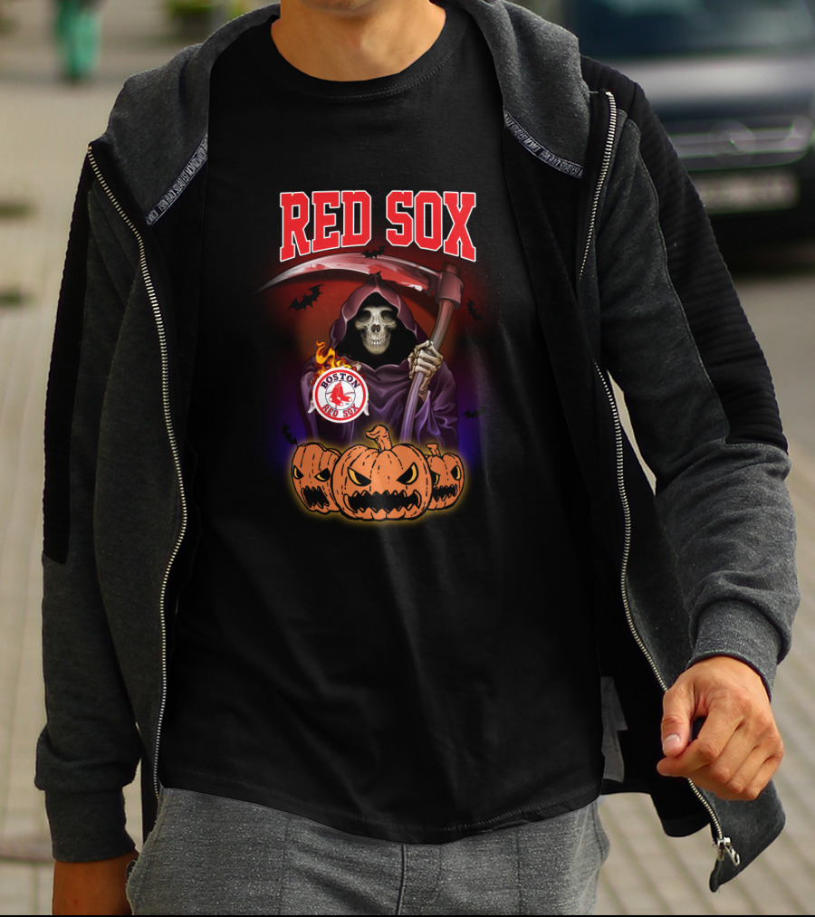 Boston Red Sox Reaper With Scythe And Halloween Pumpkins T-Shirt