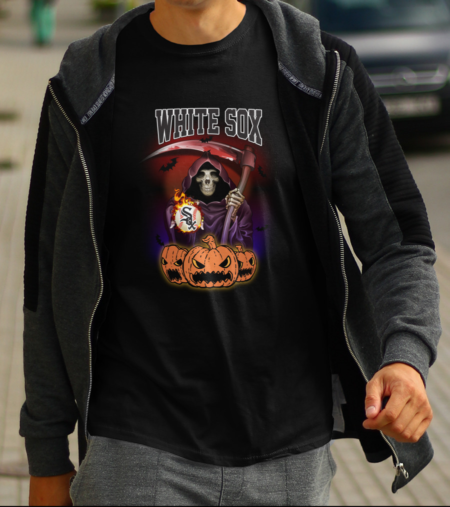 White Sox Reaper Holding Baseball With Pumpkins And Scythe T-Shirt