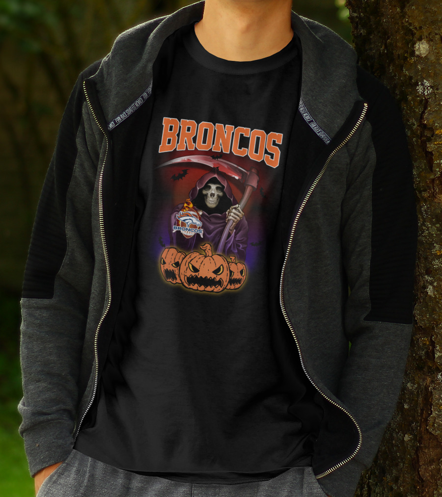 Broncos Halloween Reaper With Denver Broncos Logo And Scythe Scene T-Shirt