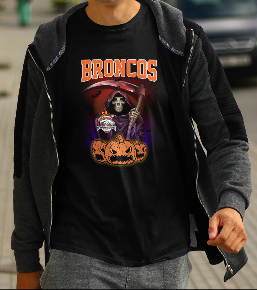 Broncos Halloween Reaper With Denver Broncos Logo And Scythe Scene T-Shirt