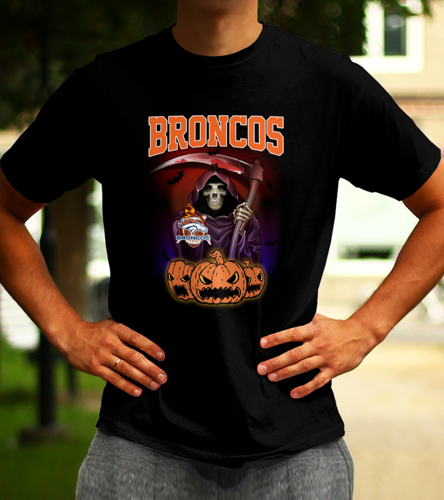 Broncos Halloween Reaper With Denver Broncos Logo And Scythe Scene T-Shirt