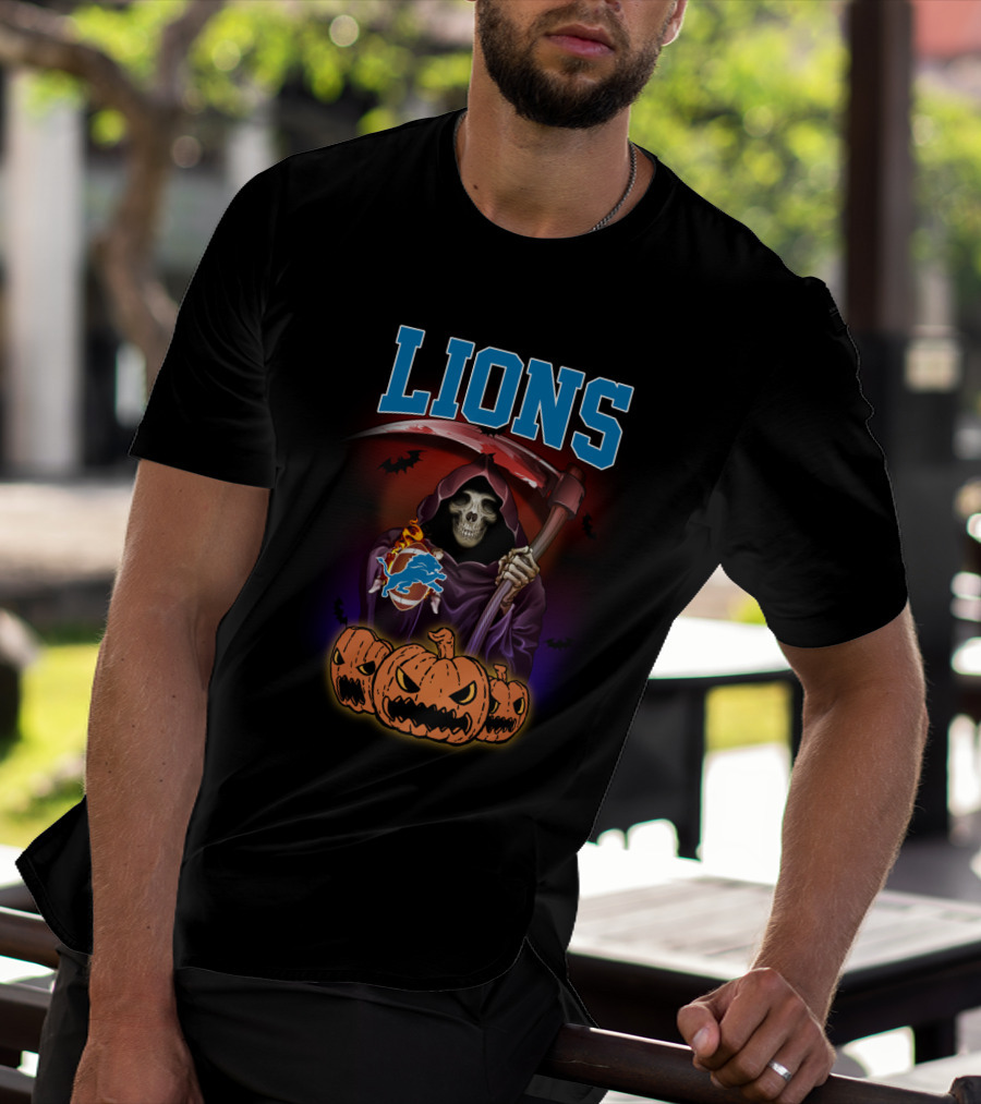 Detroit Lions Reaper Halloween Pumpkins And Scythe T-Shirt