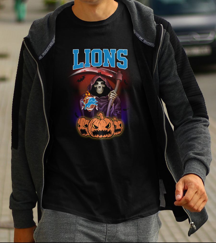 Detroit Lions Reaper Halloween Pumpkins And Scythe T-Shirt